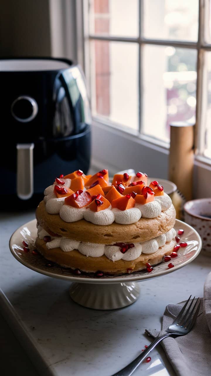 Gâteau décoré avec fruits et crème, sur assiette.
