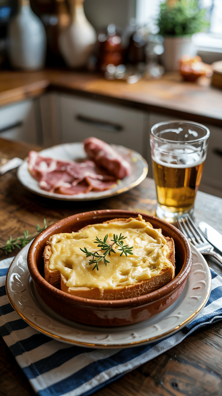 Plat de croque-monsieur avec bière et charcuterie.
