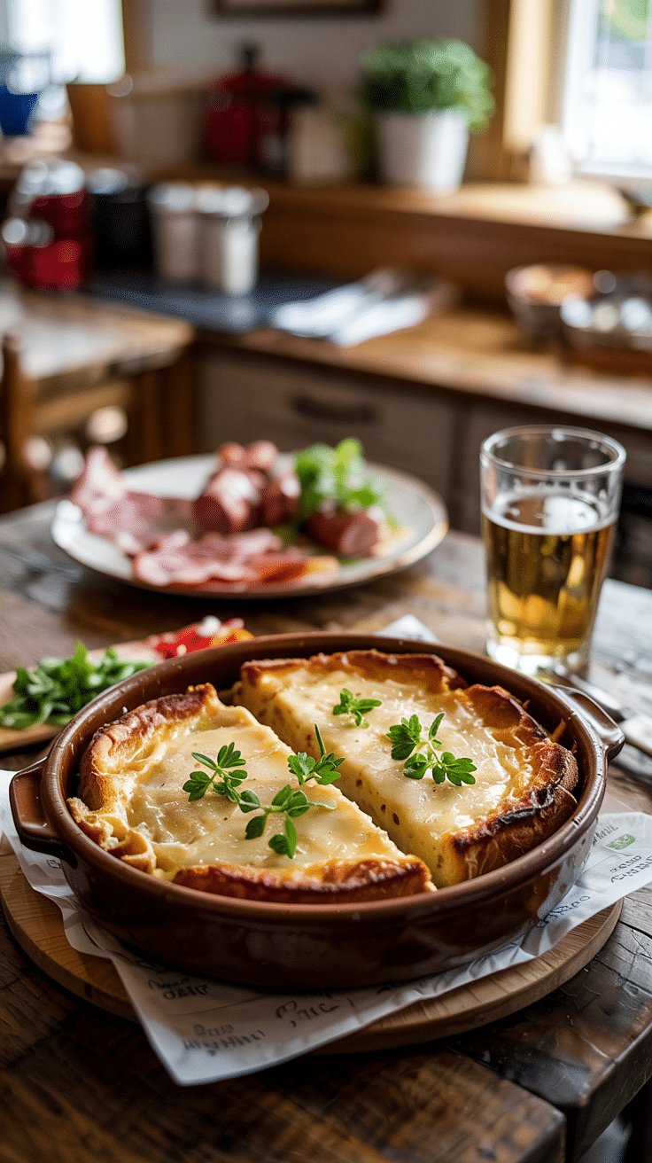 Plat de croziflette, verre de bière en arrière-plan.
