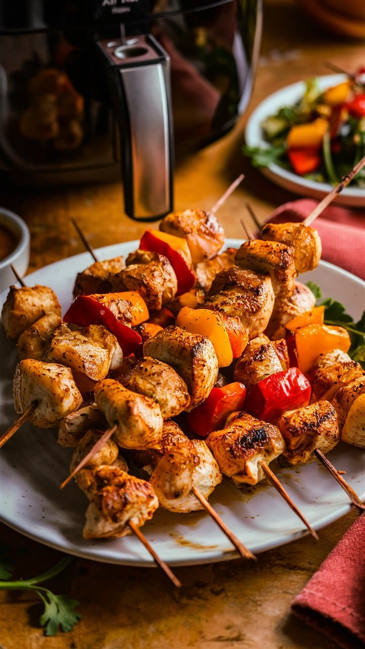 Brochettes de poulet grillées avec légumes, plat délicieux.