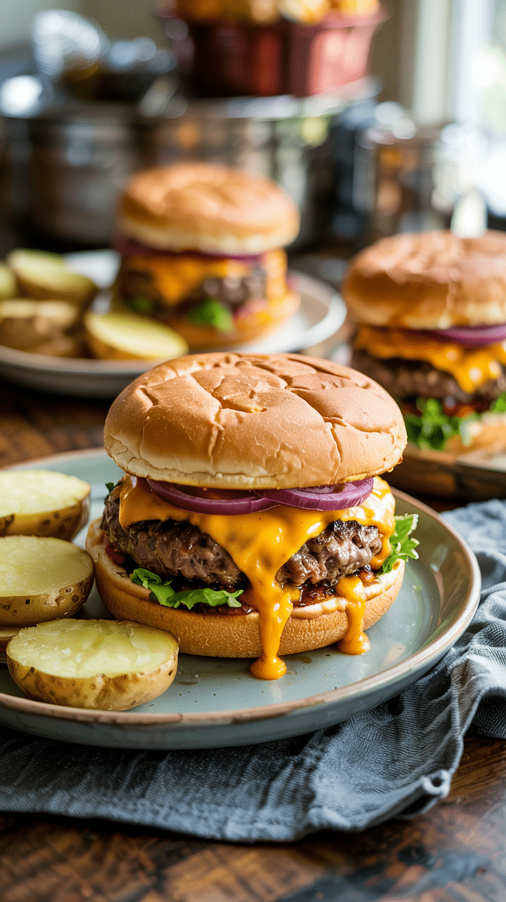 Hamburger au fromage avec des pommes de terre grillées.