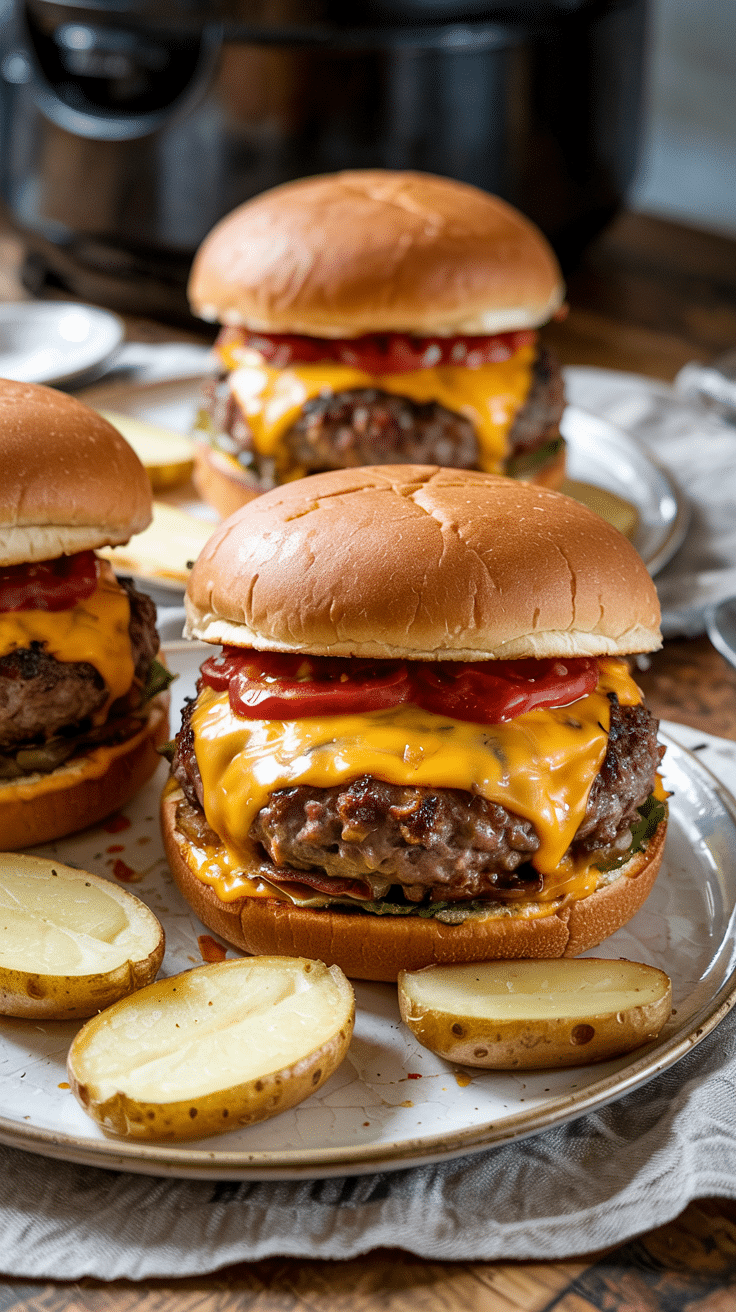 Cheeseburgers avec frites sur une assiette.