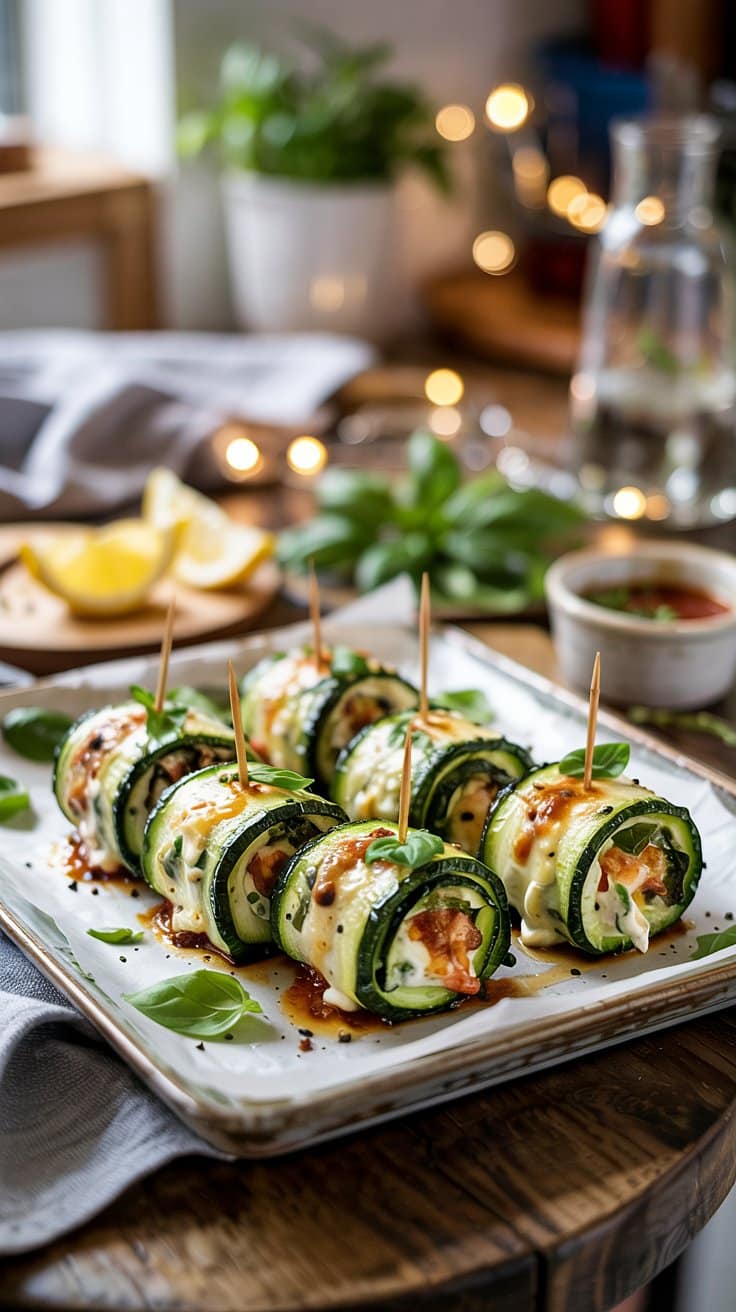 Rouleaux de courgette farcis avec fromage et tomate.