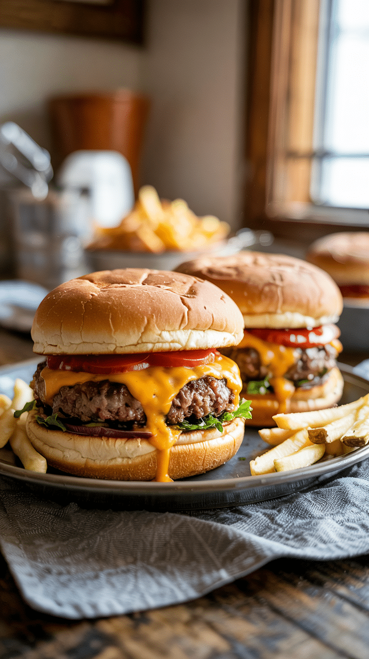 Deux hamburgers au fromage avec frites sur assiette.