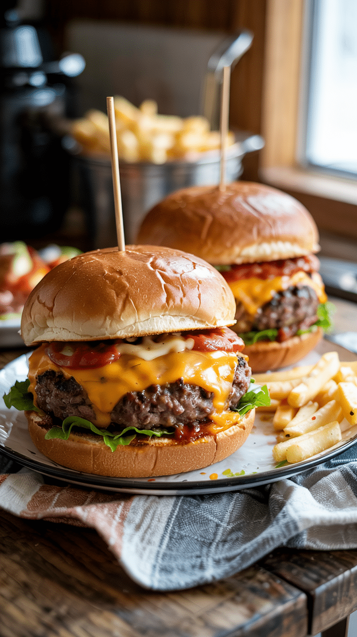 Burgers et frites sur une table en bois.