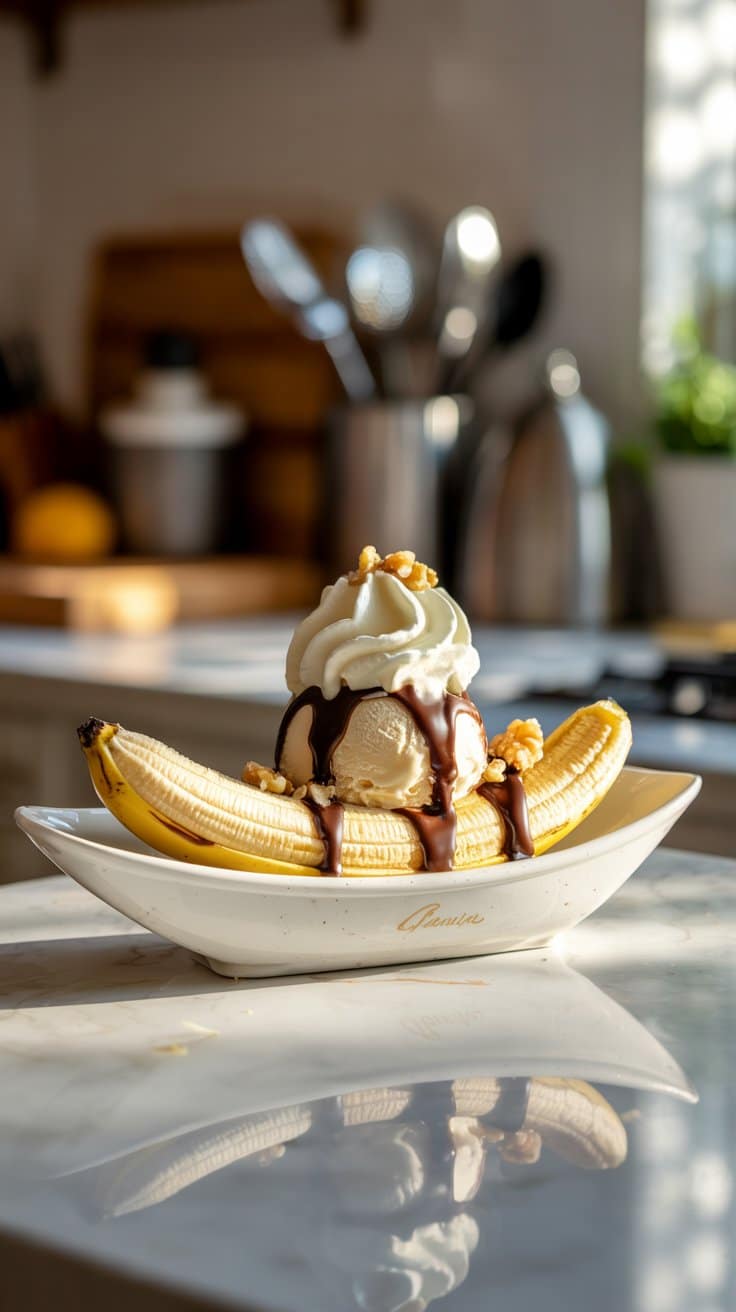 Banana split avec glace et sauce chocolat.
