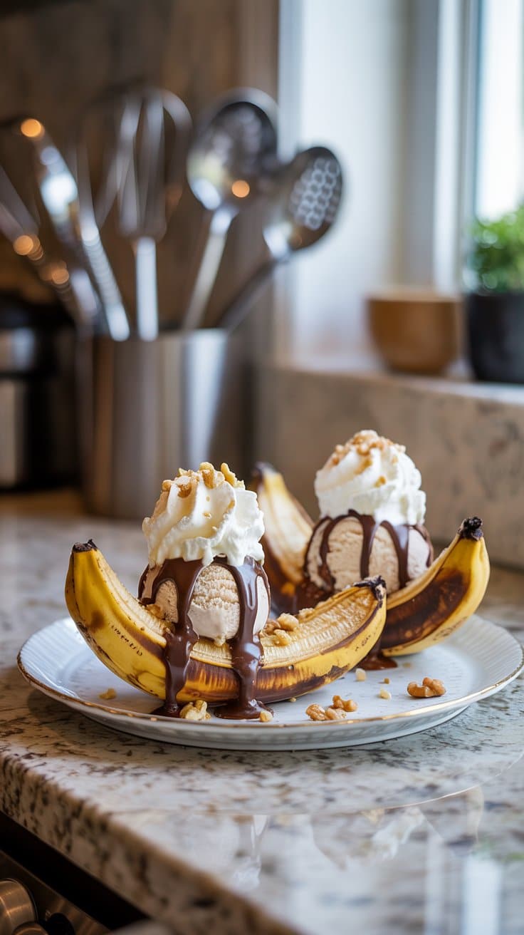 Banana split avec glace et chocolat en cuisine.