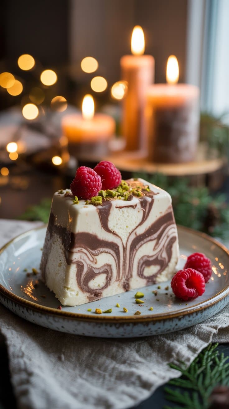 Gâteau marbré sur assiette avec framboises et pistaches.