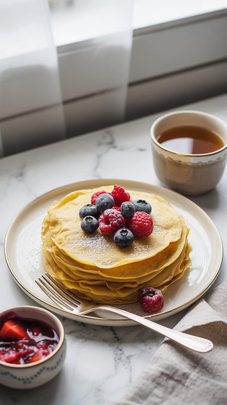 Crêpes avec fruits et tasse de thé.