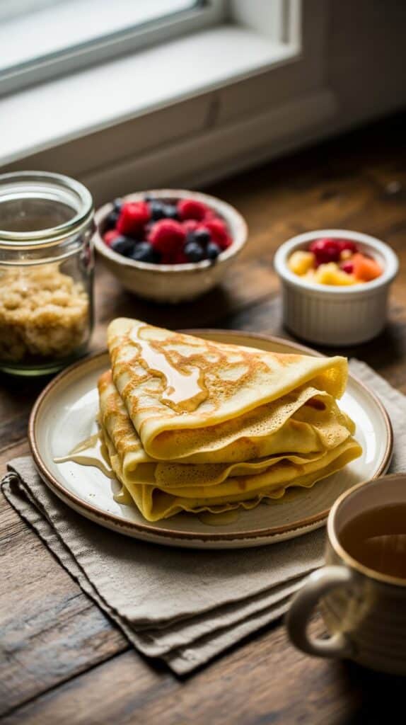 Crêpes pliées avec fruits et sirop d'érable.
