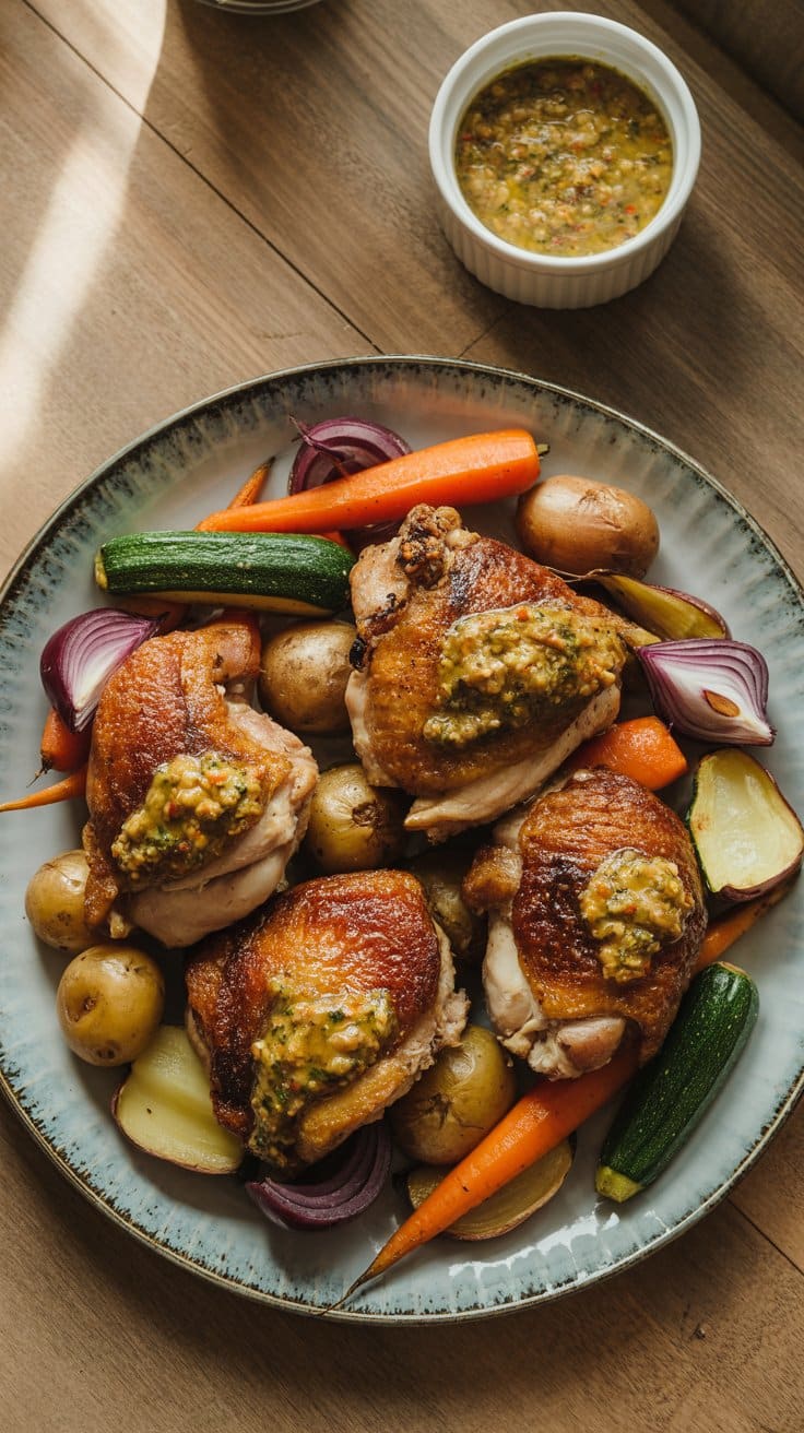 Poulet rôti avec légumes variés sur assiette.