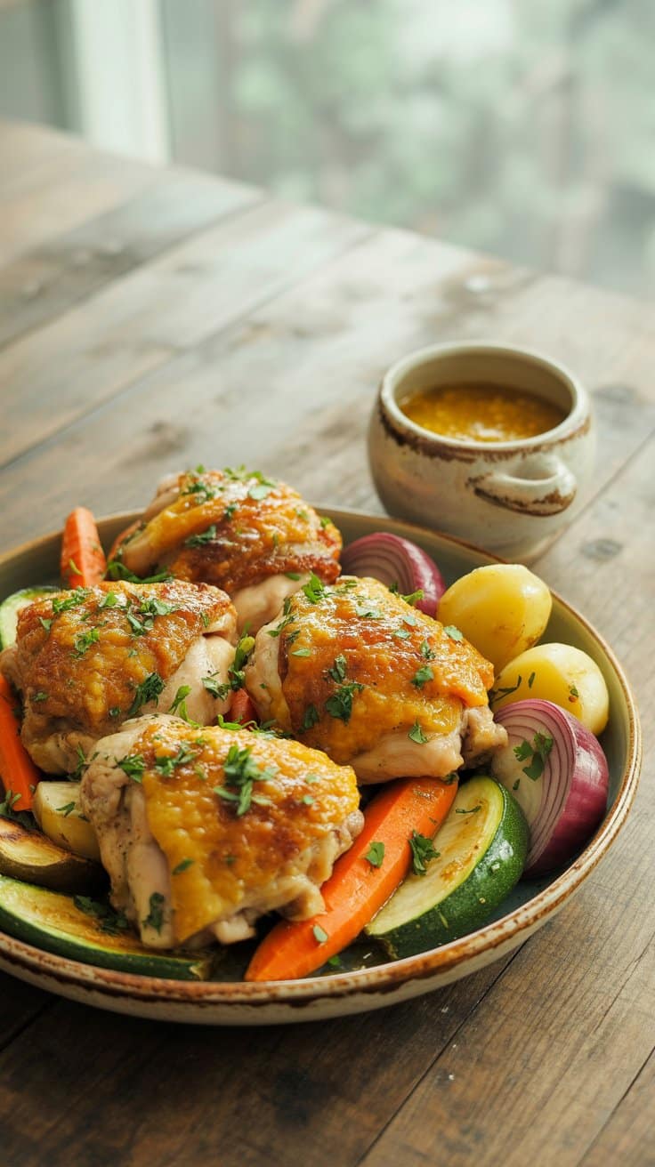 Poulet et légumes rôtis avec sauce en arrière-plan.