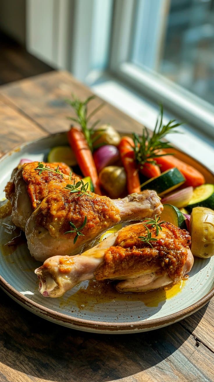Poulet rôti avec légumes sur assiette en bois.