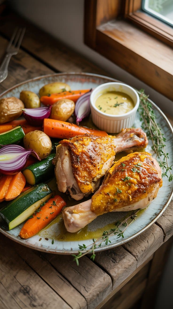 Poulet rôti avec légumes colorés sur assiette rustique.