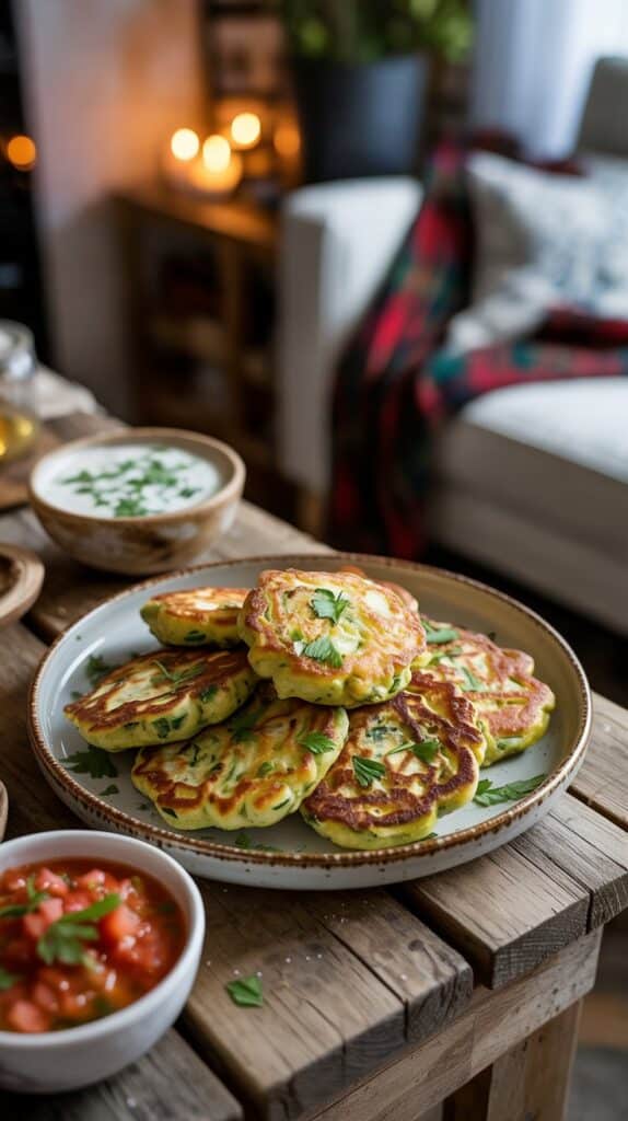 Galettes de légumes sur table rustique.