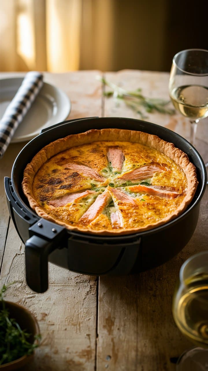 Quiche au saumon dans un plat sur la table.