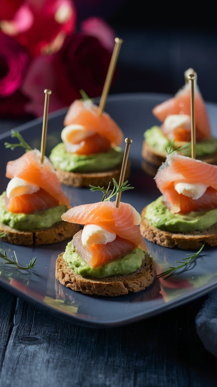 Canapés saumon avocat sur assiette grise élégante.