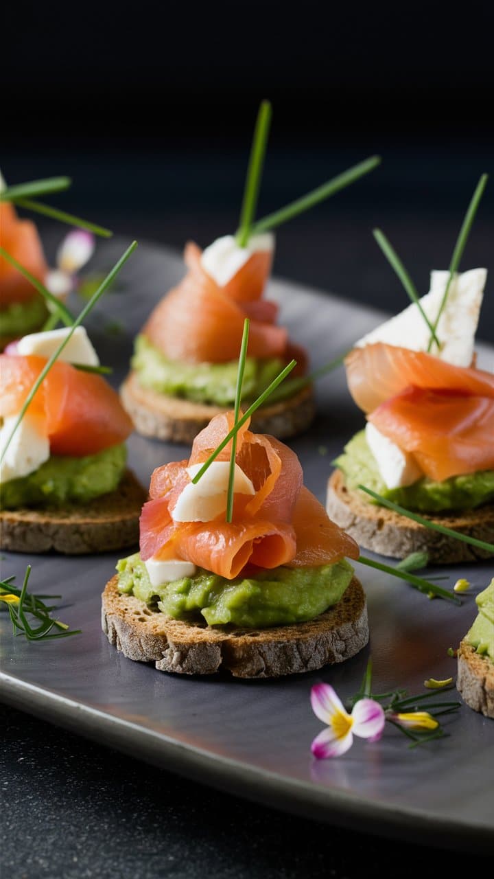 Canapés au saumon, avocat et fromage décorés de ciboulette.