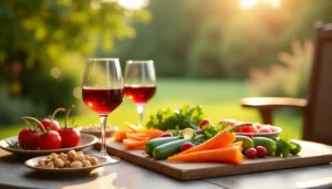 Verres de vin et légumes frais en extérieur.