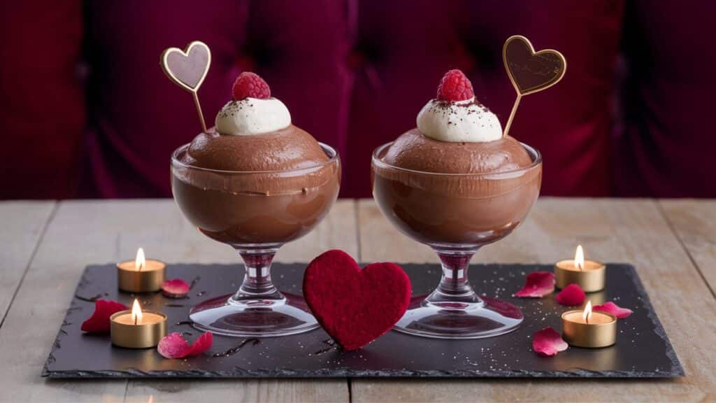 Desserts au chocolat avec framboises et bougies allumées.
