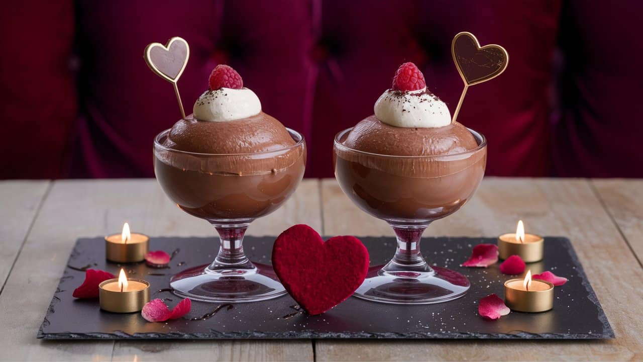 Desserts au chocolat avec framboises et bougies allumées.