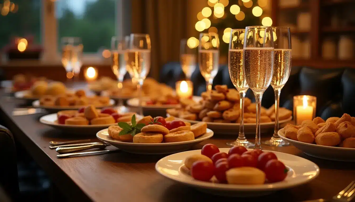 Table de fête avec nourriture et champagne