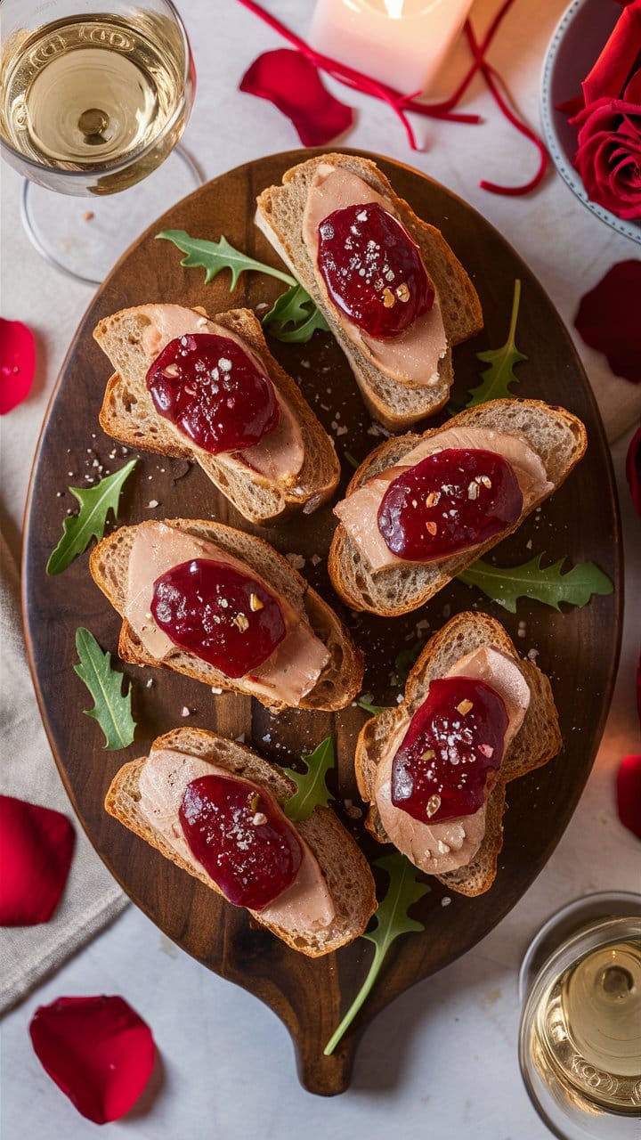Toasts au foie gras et confiture sur assiette.