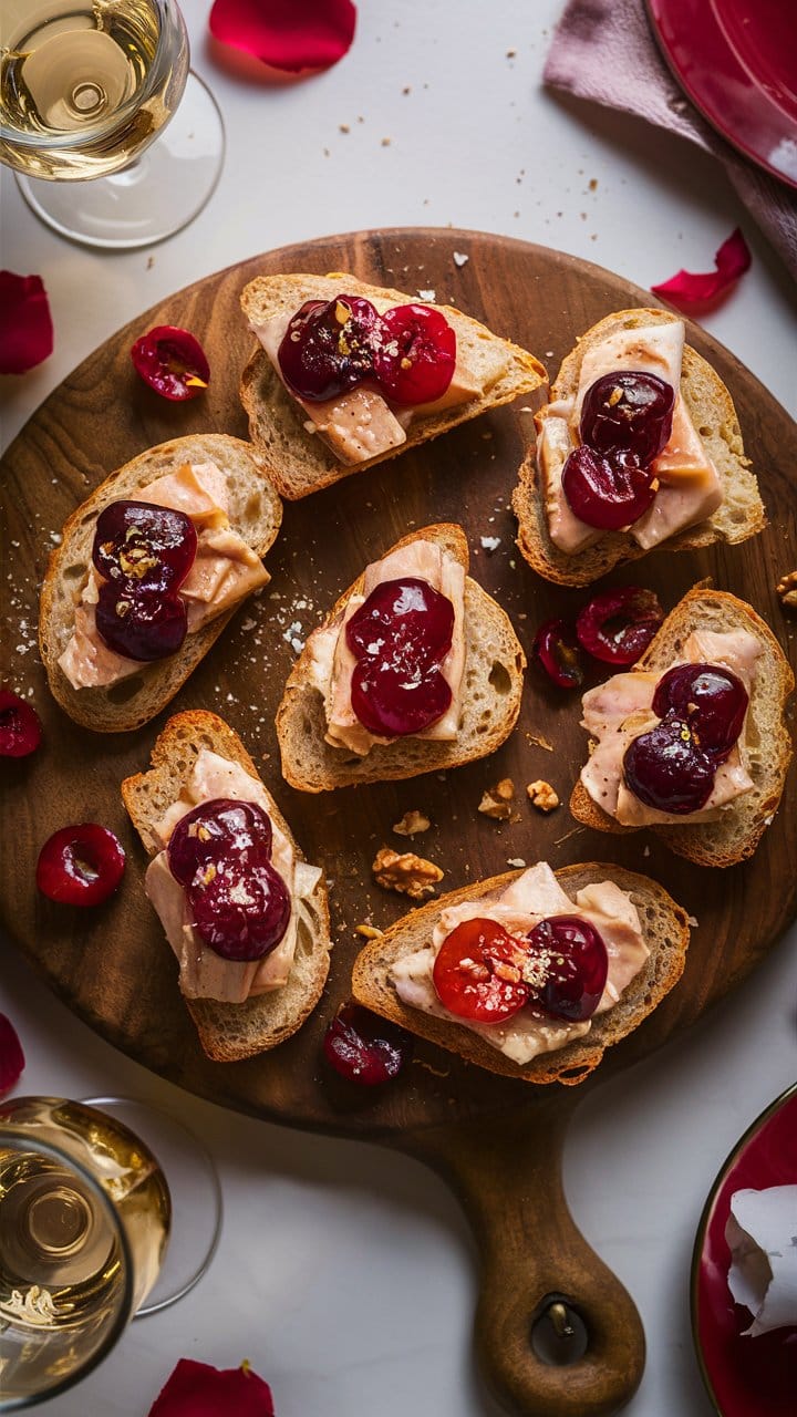 Toasts au foie gras et cerises sur plateau.