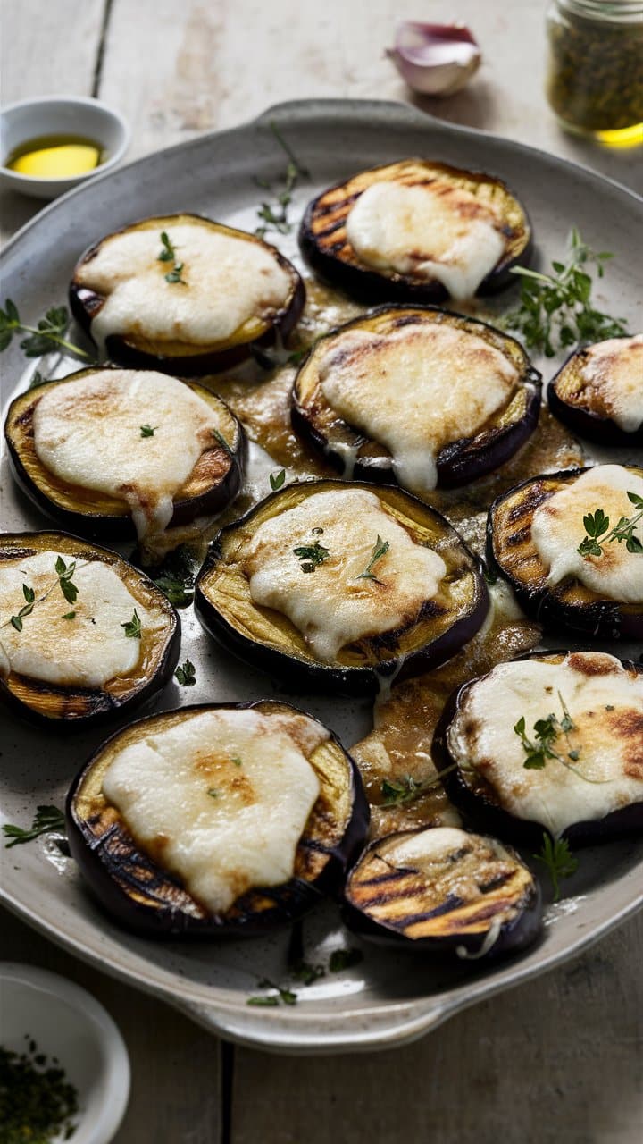 Aubergines gratinées avec fromage fondu et herbes fraîches.