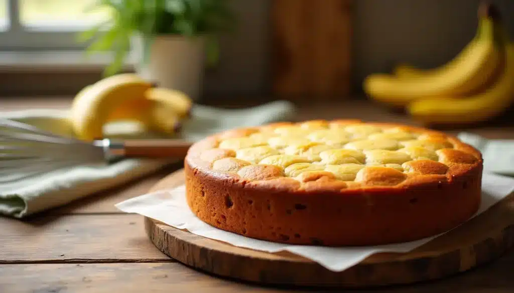 Gâteau à la banane sur une table en bois.