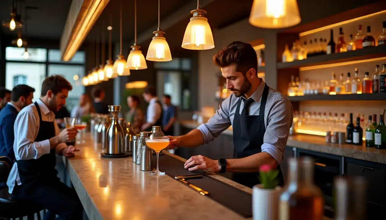 Barman servant un cocktail dans un bar élégant.