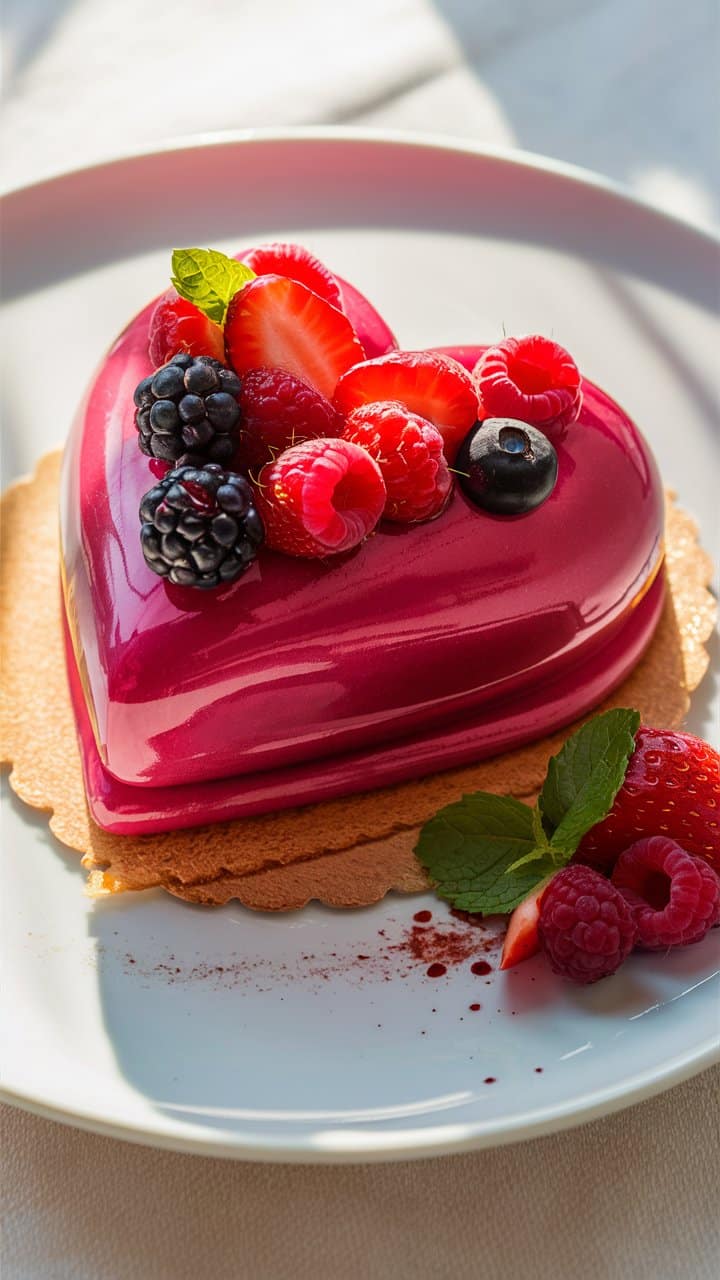 Gâteau cœur rouge avec fruits rouges frais.