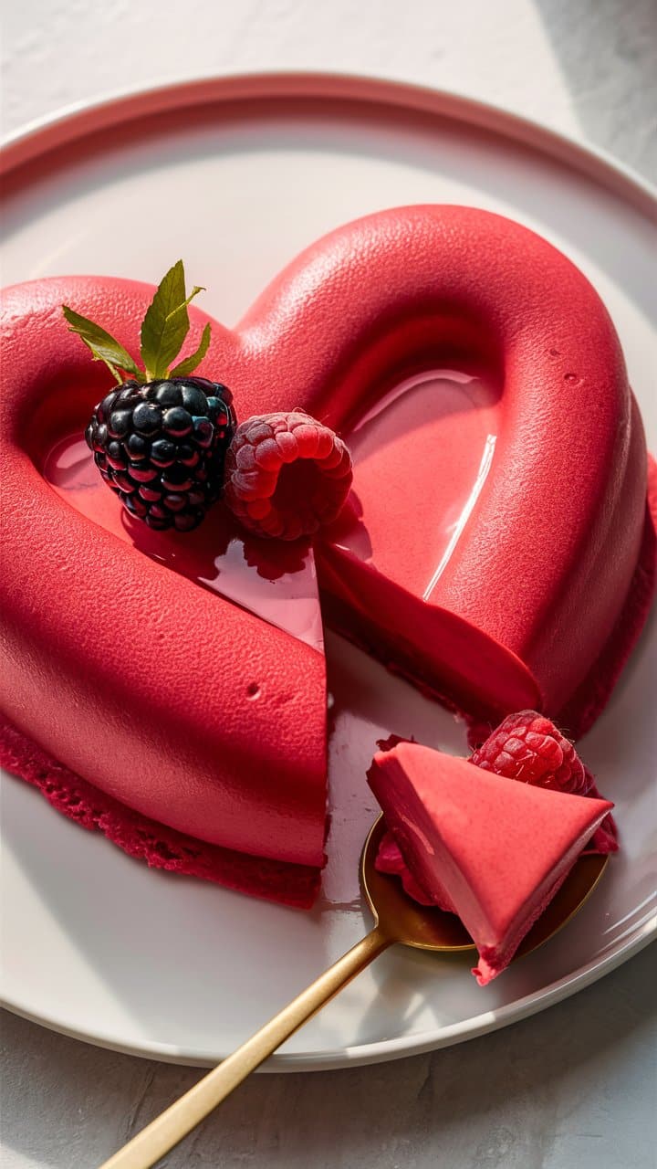 Gâteau cœur rose avec fruits rouges.