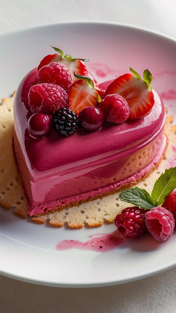 Gâteau cœur fruits rouges sur assiette blanche.