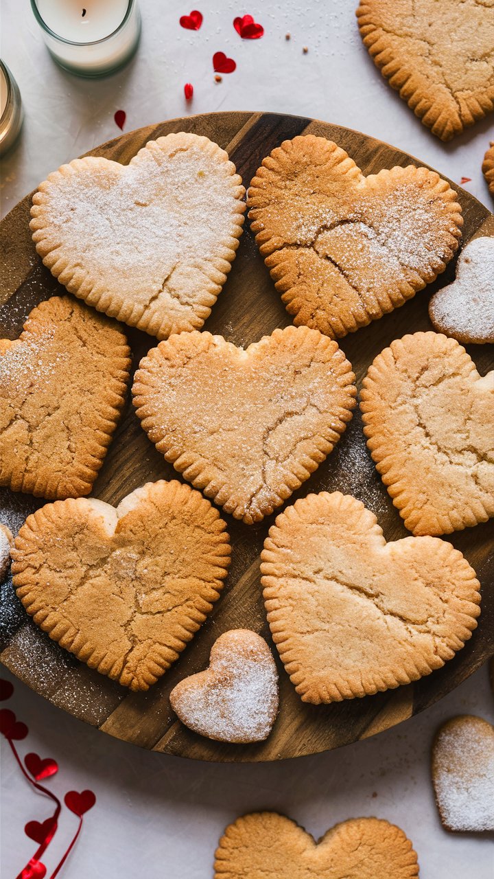 Biscuits en forme de cœur sur une planche.