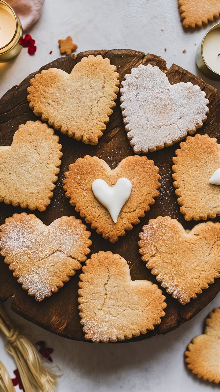 Biscuits en forme de cœur sur une planche.