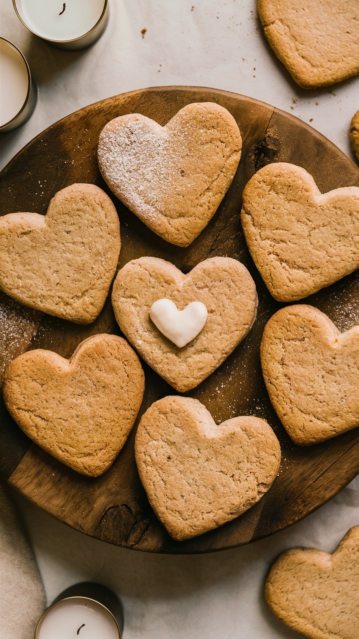 Biscuits en forme de cœur sur un plateau.