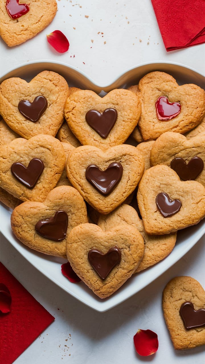 Biscuits cœur avec chocolat et confiture sur assiette.