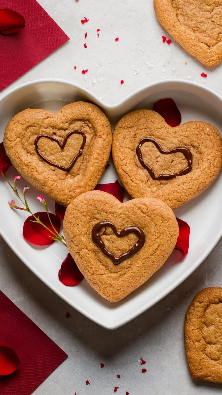 Biscuits cœur avec glaçage chocolat sur plateau blanc.