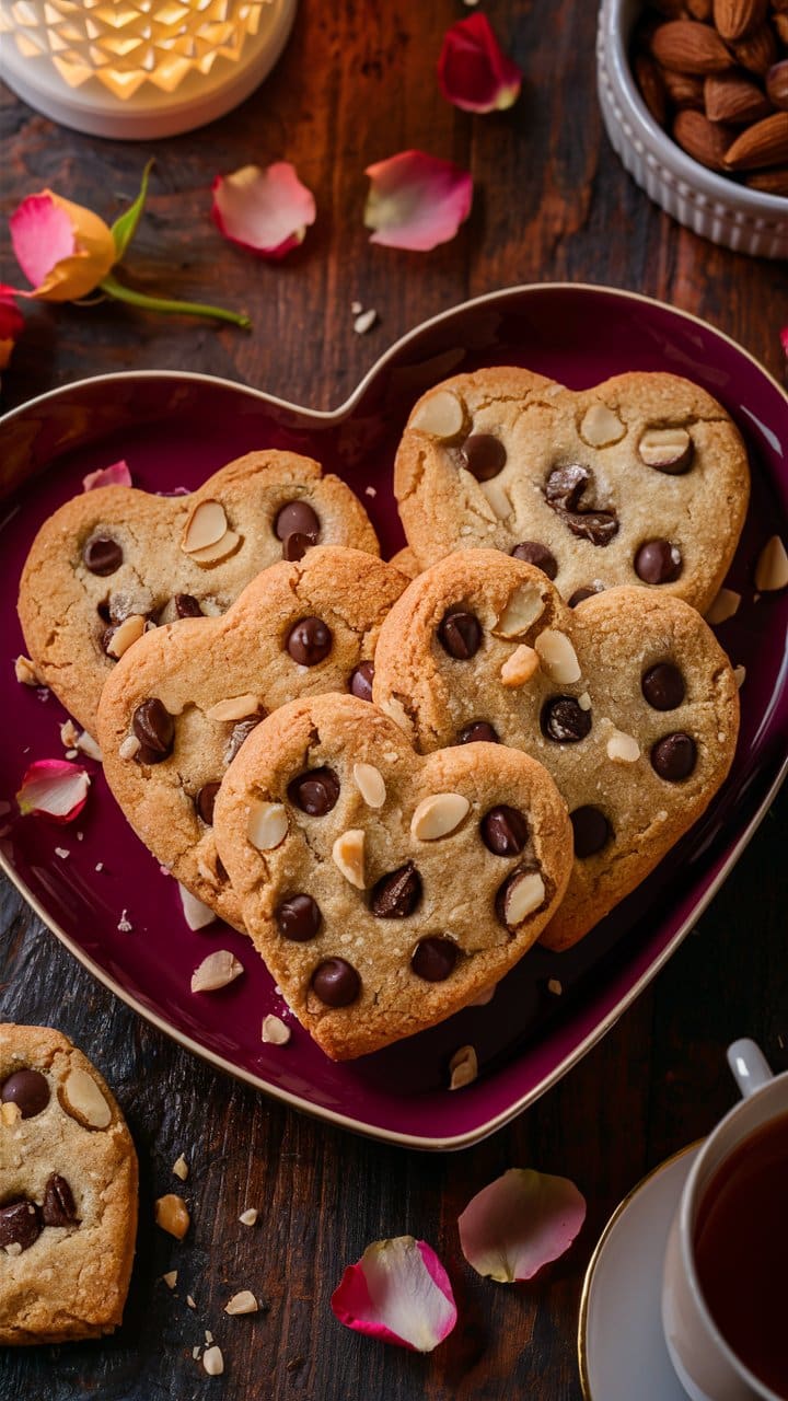 Cookies en forme de cœur aux pépites de chocolat.