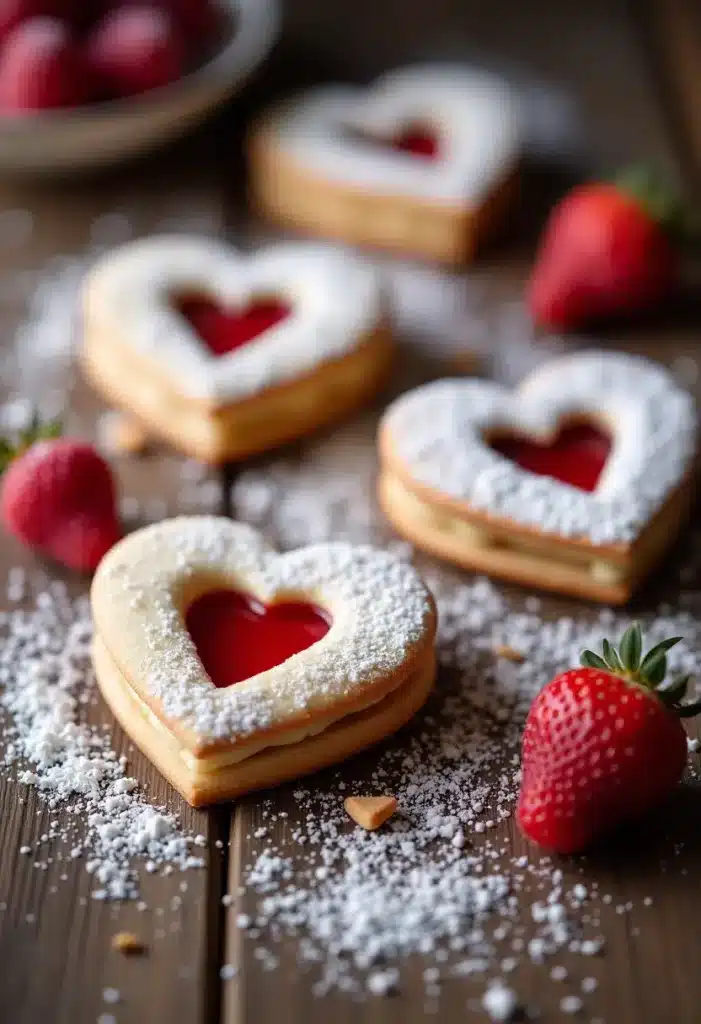 Biscuits cœur à la confiture et fraises fraîches.