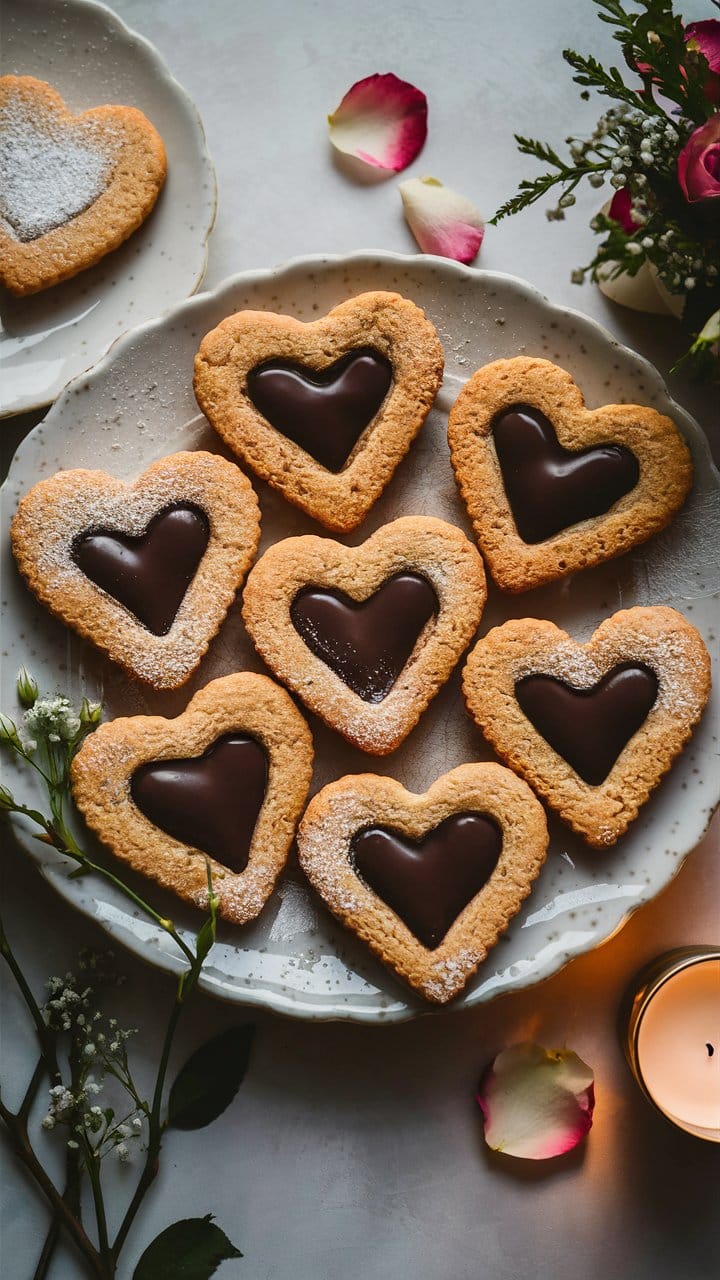 Biscuits en cœur au chocolat noir sur assiette.