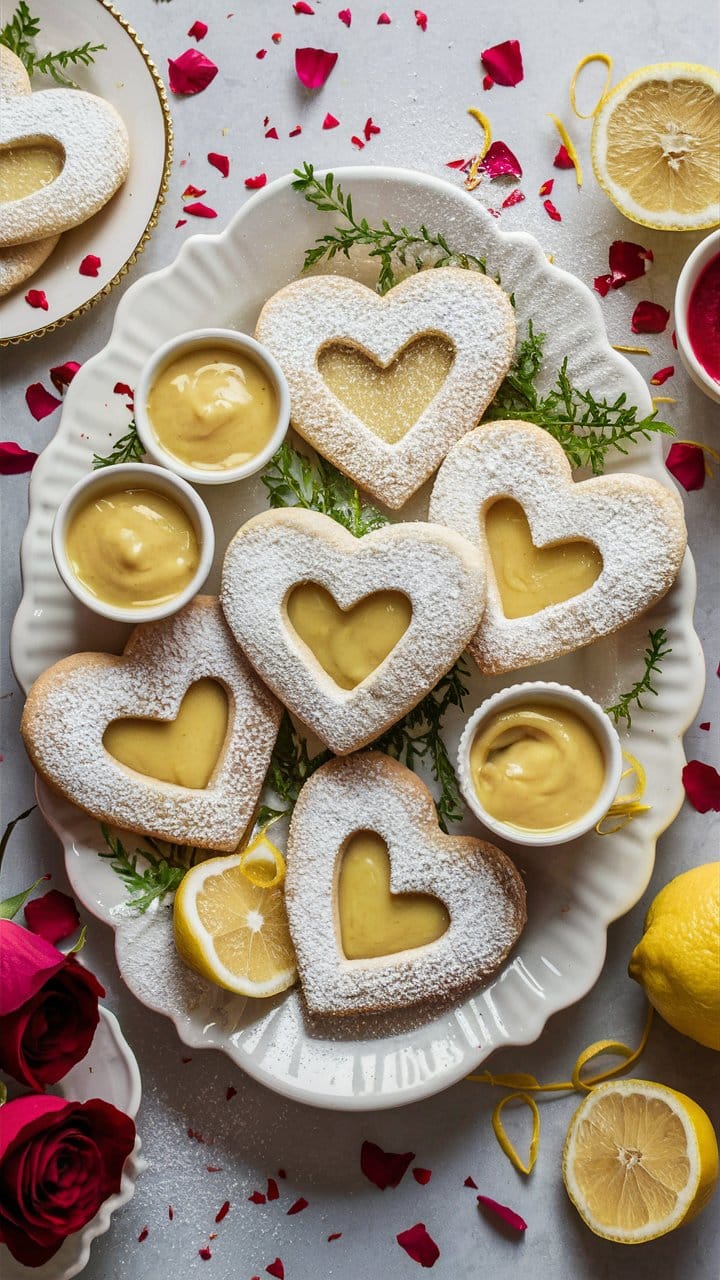 Biscuits cœur au citron sur assiette blanche.