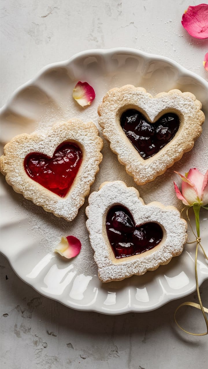 Biscuits à la confiture en forme de cœur.