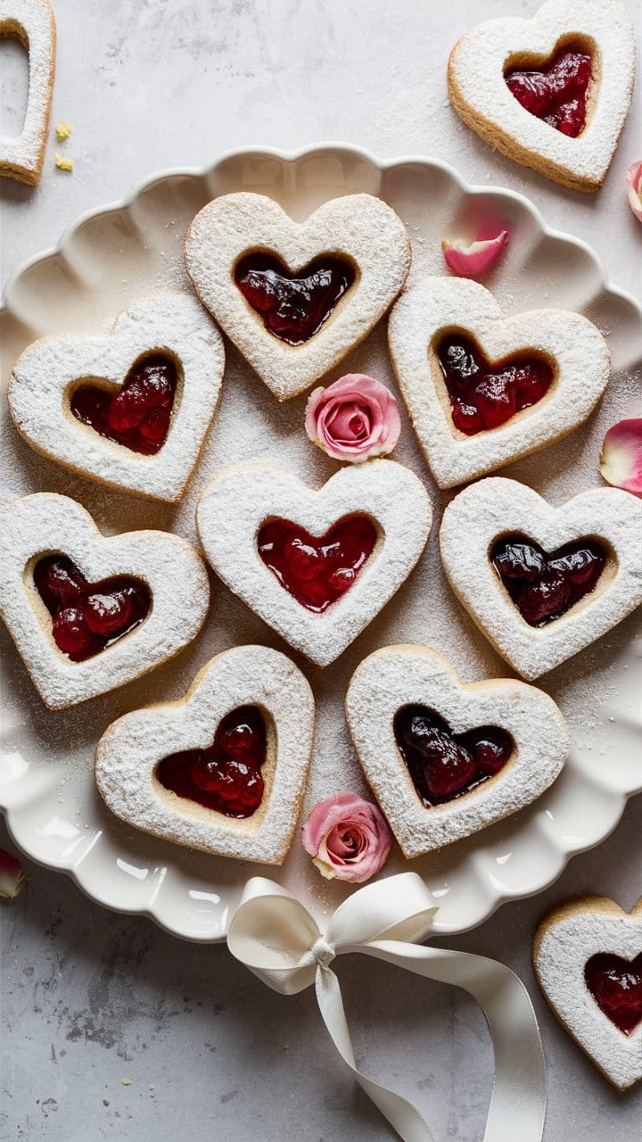 Biscuits cœur à la confiture et sucre glace.