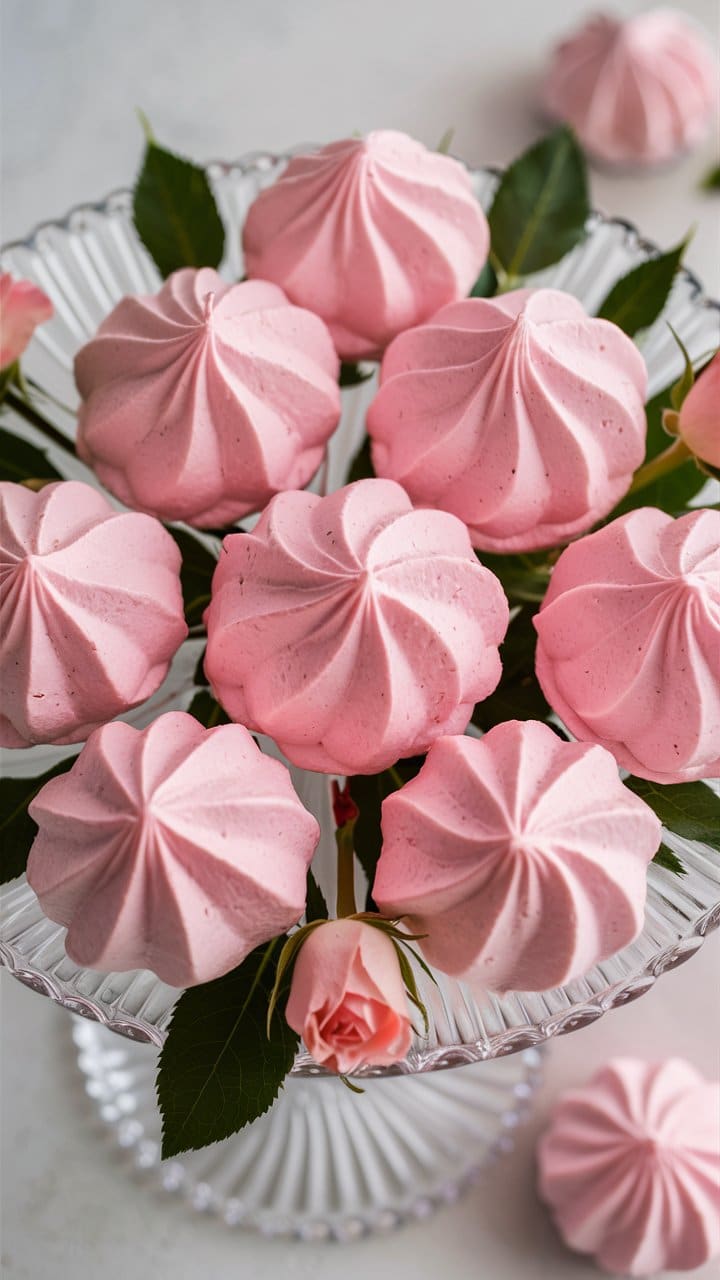 Meringues roses sur plat transparent avec roses.