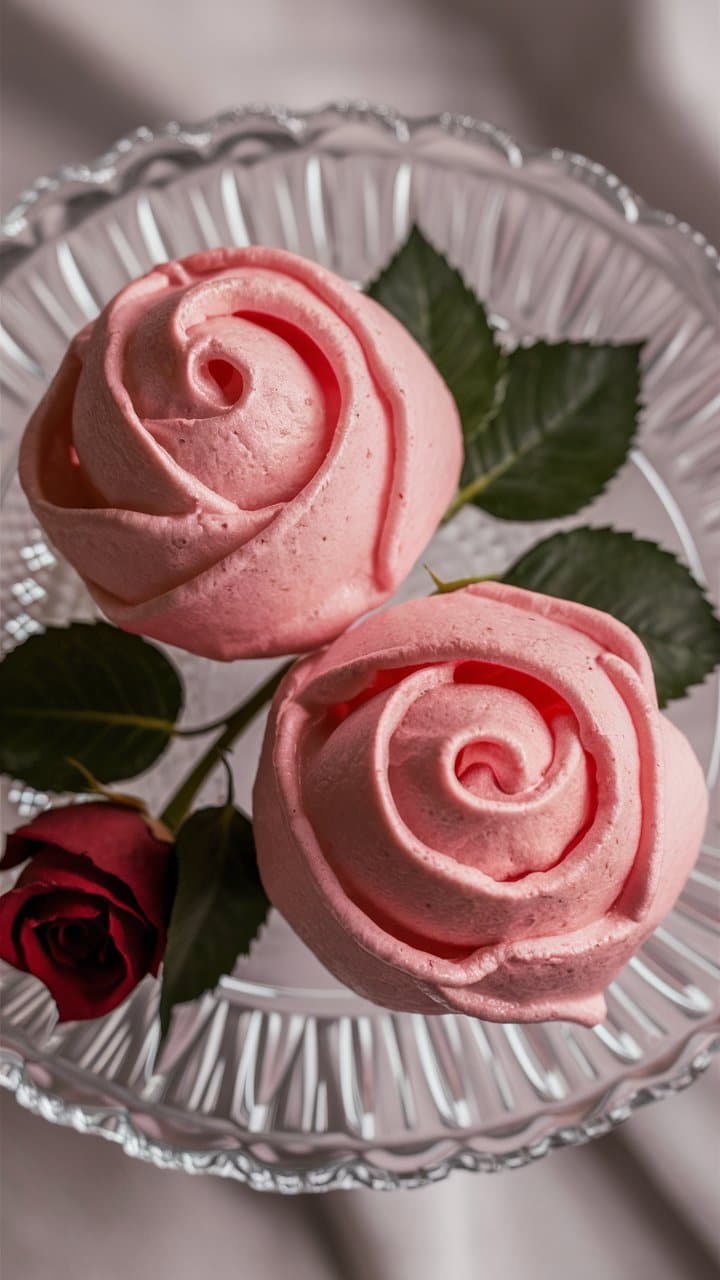 Meringues roses en forme de roses avec feuille verte.