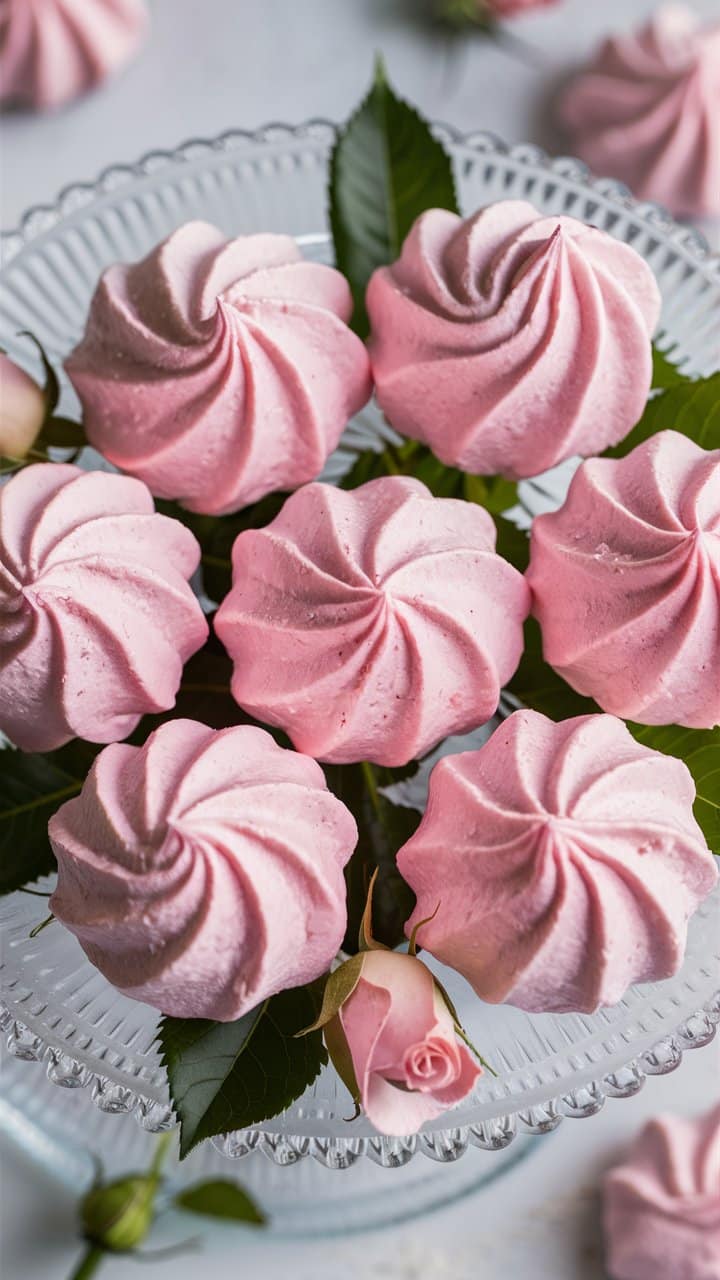 Plateau de meringues roses et roses décoratives.