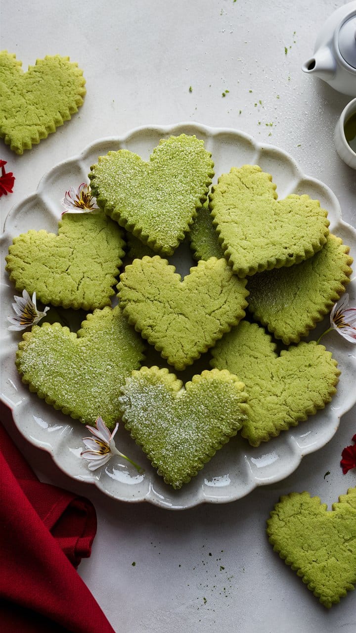 Biscuits verts en forme de cœur sur assiette blanche.