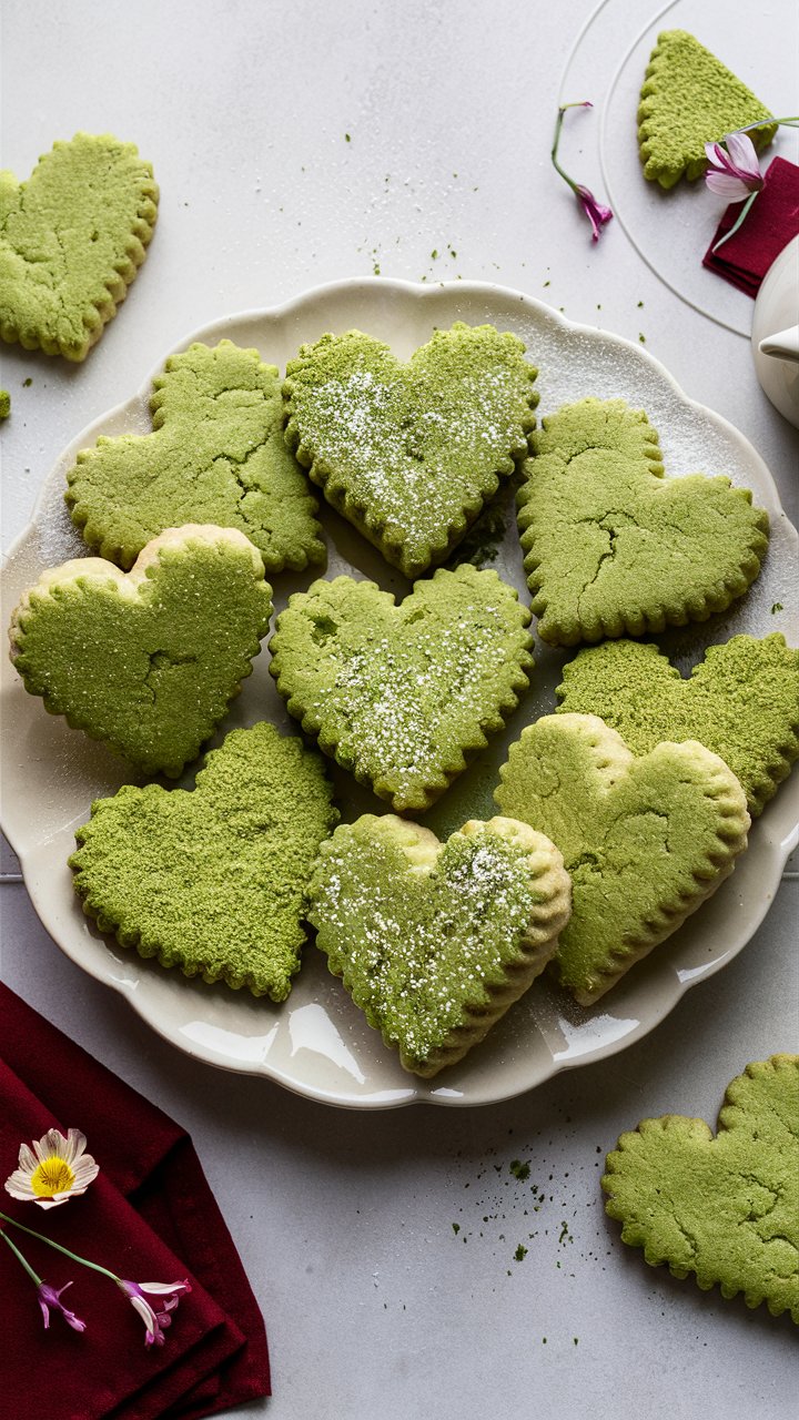 Biscuits verts en forme de cœur sur assiette.